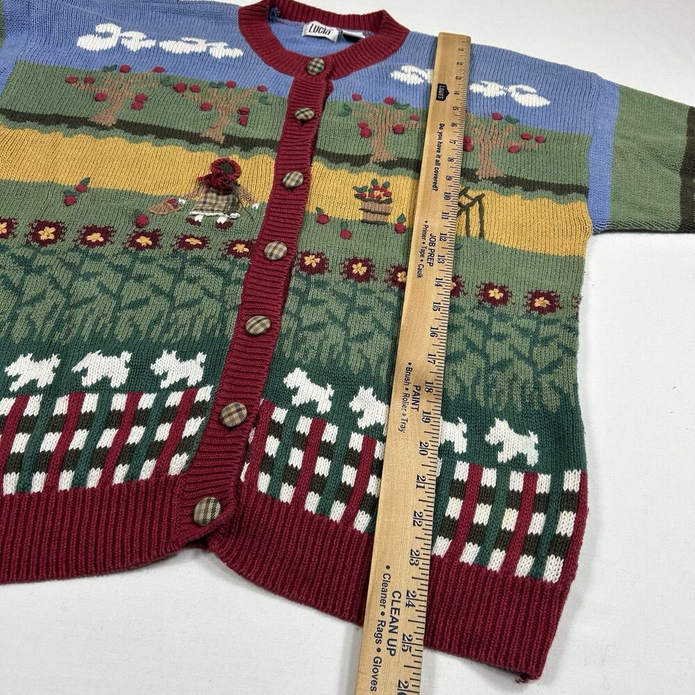 Vintage Lucia Apple Orchard Farm Cardigan Sweater XL Novelty Country Dog Festive - Picture 9 of 14
